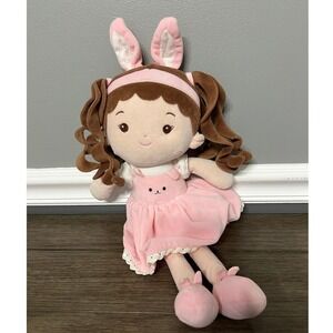 Leyadoll Brunette Pink-Dressed Plush Doll with Bunny Ears Plush Doll